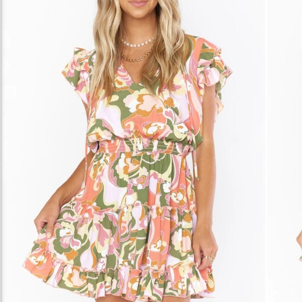 Show Me Your Mumu Wild Dreams Retro Ruffle Mini Dress Pink Green Floral NWT XXL - Picture 4 of 13